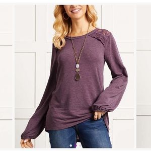 Suzanne Betro plum soft lace peasant sleeve sweater Top